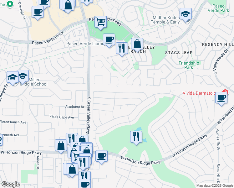map of restaurants, bars, coffee shops, grocery stores, and more near 2157 Point Mallard Drive in Henderson