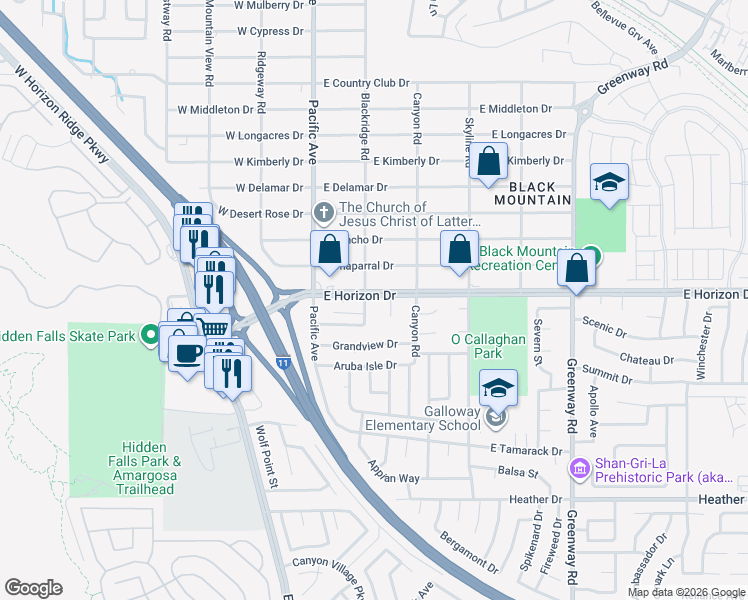 map of restaurants, bars, coffee shops, grocery stores, and more near 605 Blackridge Road in Henderson