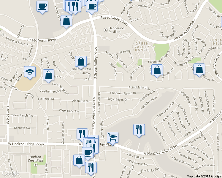 map of restaurants, bars, coffee shops, grocery stores, and more near 2166 Chapman Ranch Drive in Henderson
