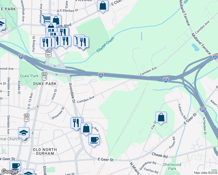 map of restaurants, bars, coffee shops, grocery stores, and more near 1204 Camden Avenue in Durham