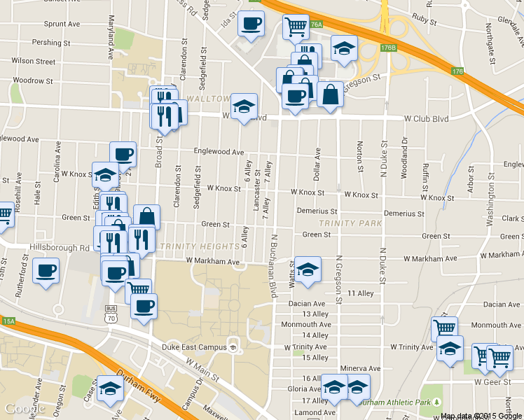 map of restaurants, bars, coffee shops, grocery stores, and more near 905 Lancaster Street in Durham