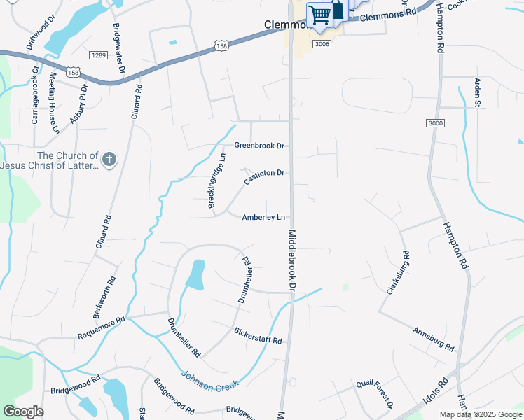 map of restaurants, bars, coffee shops, grocery stores, and more near 6715 Amberley Lane in Clemmons