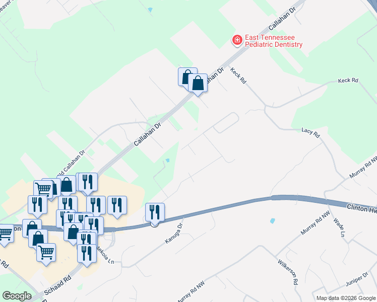 map of restaurants, bars, coffee shops, grocery stores, and more near 1612 Foxboro Drive in Knoxville