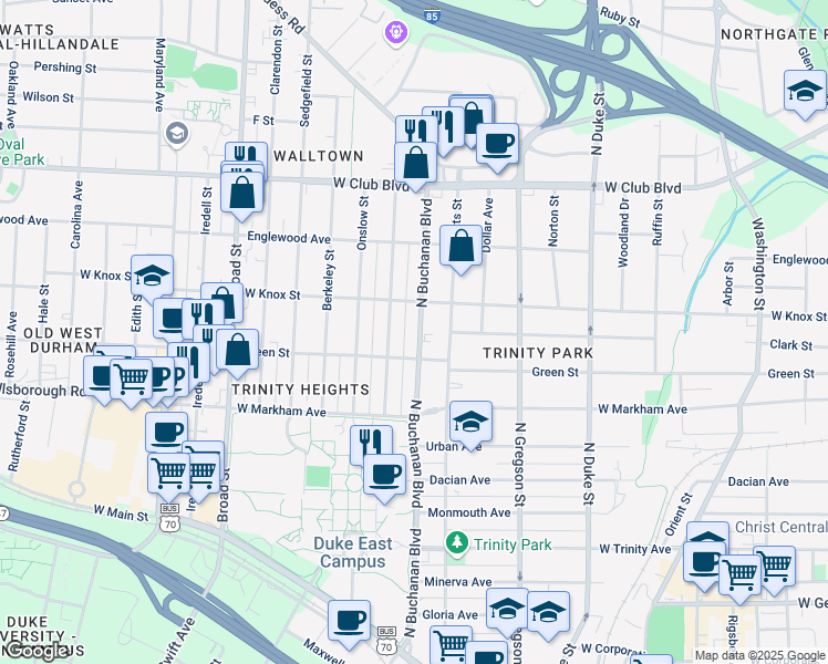 map of restaurants, bars, coffee shops, grocery stores, and more near 911 North Buchanan Boulevard in Durham