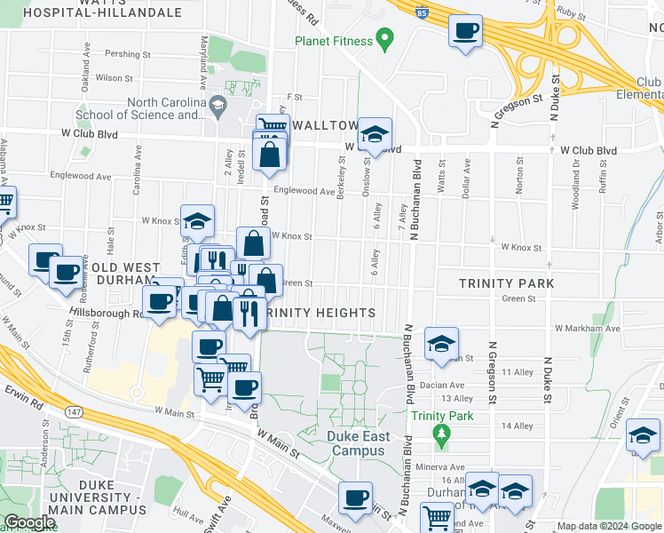 map of restaurants, bars, coffee shops, grocery stores, and more near 907 Berkeley Street in Durham