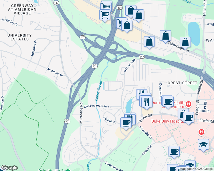 map of restaurants, bars, coffee shops, grocery stores, and more near 540 South Lasalle Street in Durham