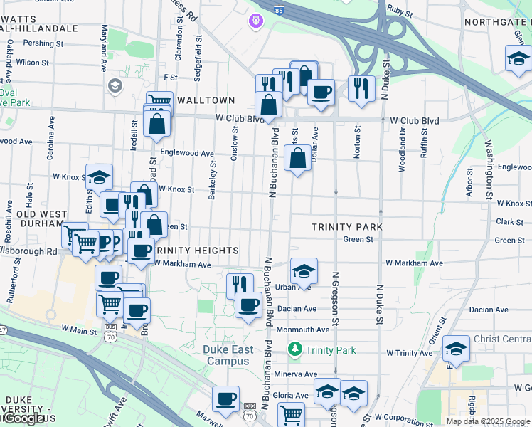 map of restaurants, bars, coffee shops, grocery stores, and more near 911 North Buchanan Boulevard in Durham