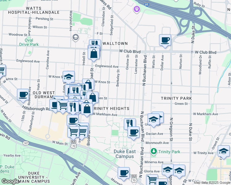 map of restaurants, bars, coffee shops, grocery stores, and more near 907 Berkeley Street in Durham