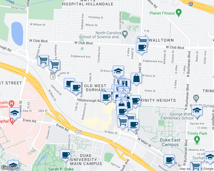map of restaurants, bars, coffee shops, grocery stores, and more near 904 Virgie Street in Durham