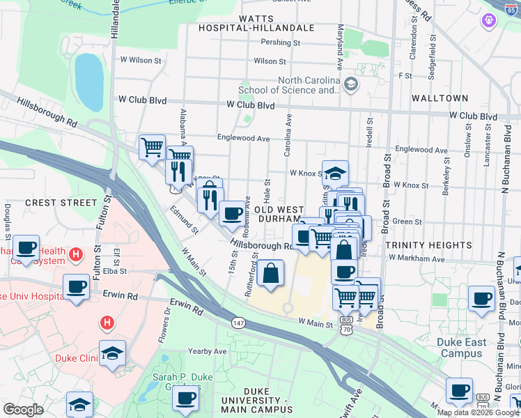 map of restaurants, bars, coffee shops, grocery stores, and more near 2401 Green Street in Durham