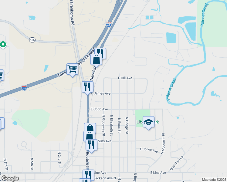 map of restaurants, bars, coffee shops, grocery stores, and more near 842 North Ross Street in Sapulpa