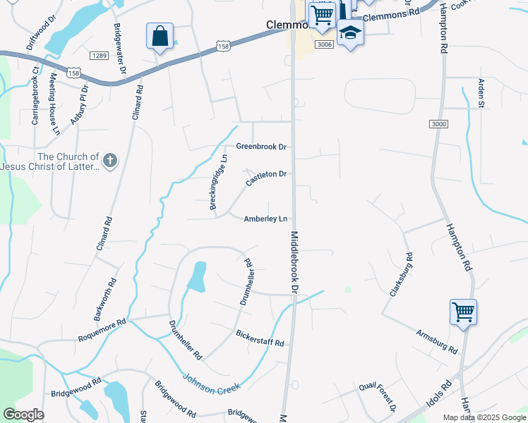 map of restaurants, bars, coffee shops, grocery stores, and more near 6715 Amberley Lane in Clemmons