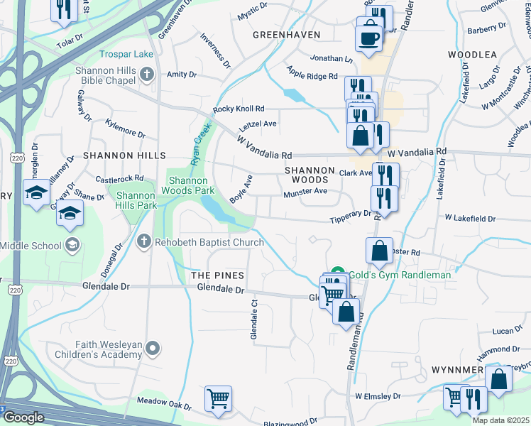 map of restaurants, bars, coffee shops, grocery stores, and more near 621 Tipperary Drive in Greensboro