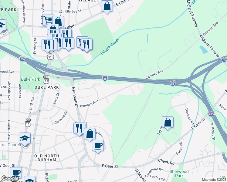 map of restaurants, bars, coffee shops, grocery stores, and more near 1204 Camden Avenue in Durham