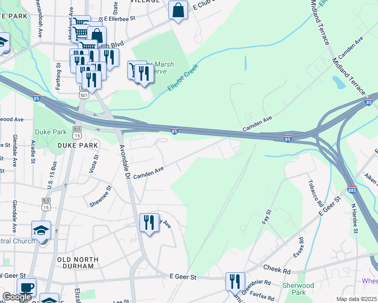 map of restaurants, bars, coffee shops, grocery stores, and more near 1113 Camden Avenue in Durham