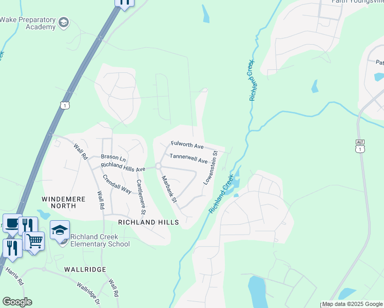 map of restaurants, bars, coffee shops, grocery stores, and more near 728 Tannerwell Avenue in Wake Forest