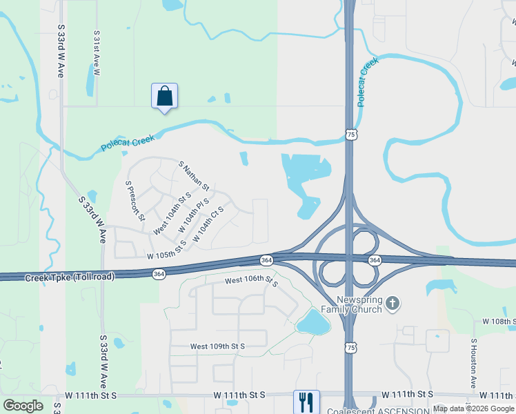 map of restaurants, bars, coffee shops, grocery stores, and more near 10417 South Kennedy Street West in Jenks