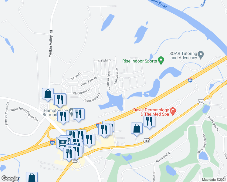 map of restaurants, bars, coffee shops, grocery stores, and more near 138 Bridgewater Drive in Advance