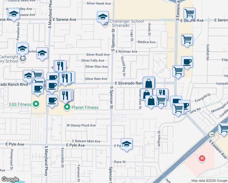 map of restaurants, bars, coffee shops, grocery stores, and more near 9743 Silver Lasso Street in Las Vegas