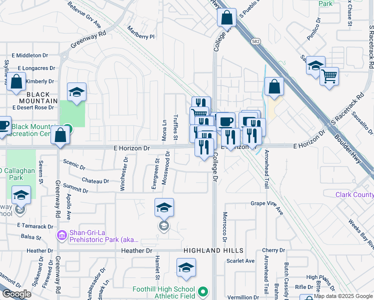 map of restaurants, bars, coffee shops, grocery stores, and more near 640 East Horizon Drive in Henderson