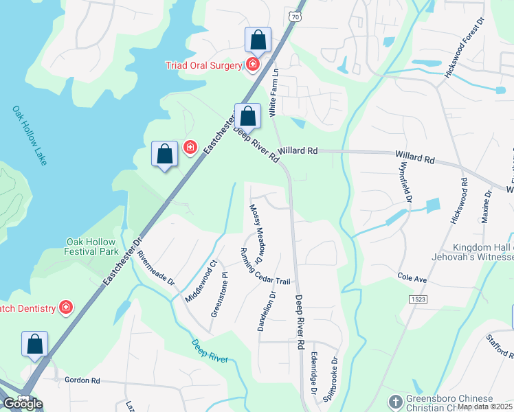 map of restaurants, bars, coffee shops, grocery stores, and more near 2844 Mossy Meadow Drive in High Point