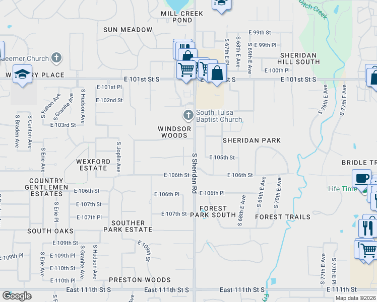 map of restaurants, bars, coffee shops, grocery stores, and more near 6308 East 105th Street in Tulsa
