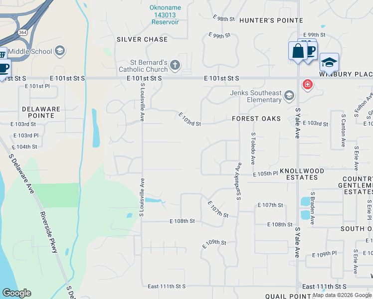 map of restaurants, bars, coffee shops, grocery stores, and more near 3914 East 104th Street in Tulsa