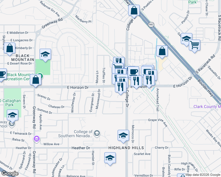 map of restaurants, bars, coffee shops, grocery stores, and more near 640 East Horizon Drive in Henderson