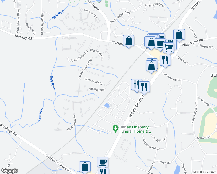 map of restaurants, bars, coffee shops, grocery stores, and more near 5313 Whitley Way in Greensboro