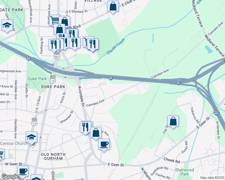 map of restaurants, bars, coffee shops, grocery stores, and more near 1103 Camden Avenue in Durham