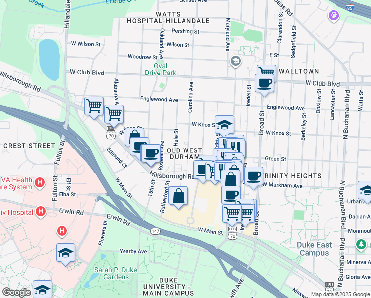 map of restaurants, bars, coffee shops, grocery stores, and more near 905 Carolina Avenue in Durham