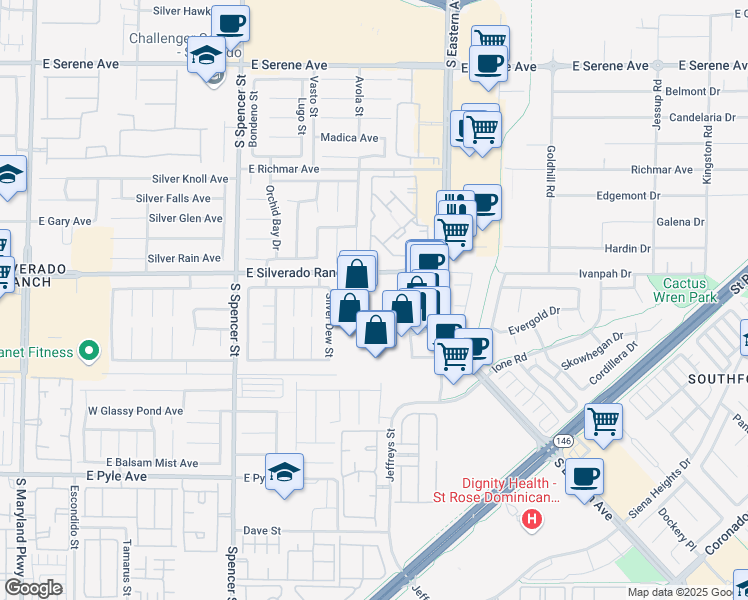 map of restaurants, bars, coffee shops, grocery stores, and more near 9725 East Silverado Ranch Boulevard in Las Vegas