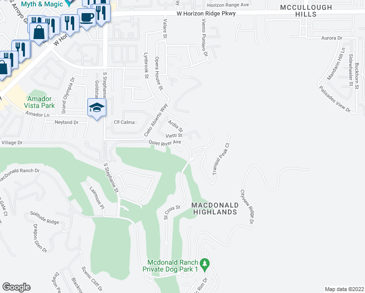 map of restaurants, bars, coffee shops, grocery stores, and more near 422 Stone Lair Court in Henderson