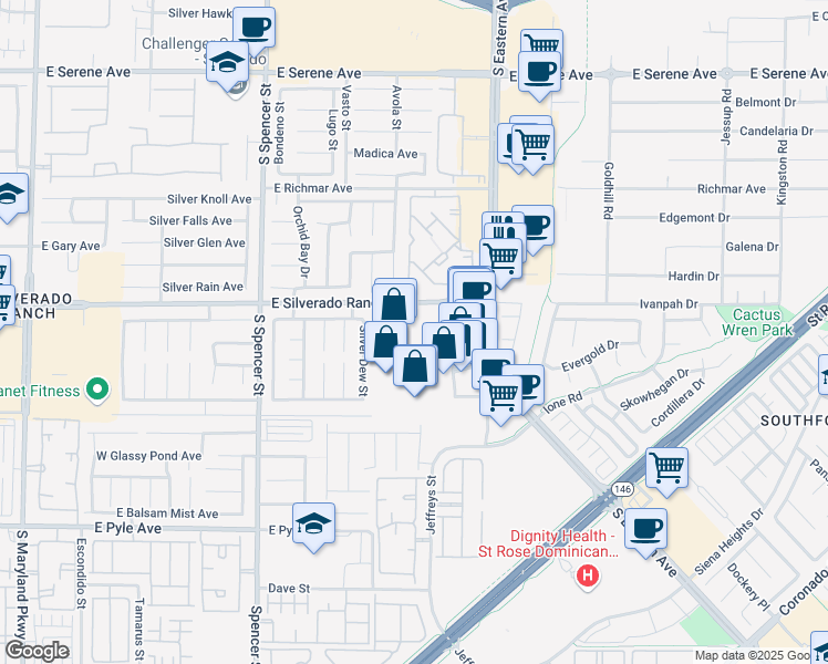 map of restaurants, bars, coffee shops, grocery stores, and more near 9731 South Eastern Avenue in Las Vegas