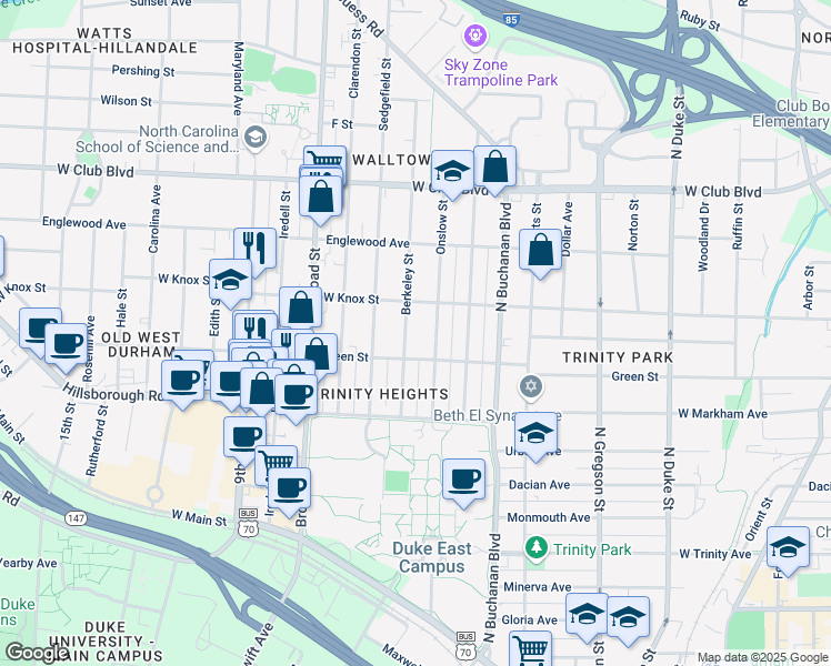 map of restaurants, bars, coffee shops, grocery stores, and more near 905 Onslow Street in Durham
