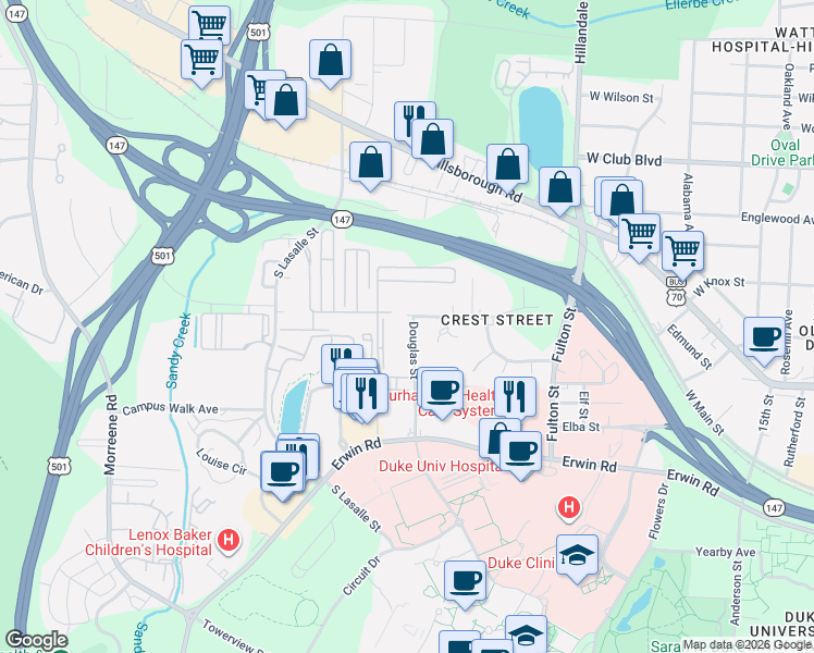 map of restaurants, bars, coffee shops, grocery stores, and more near 512 Douglas Street in Durham