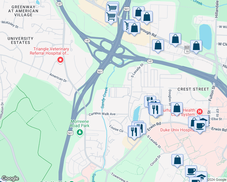 map of restaurants, bars, coffee shops, grocery stores, and more near 540 South Lasalle Street in Durham