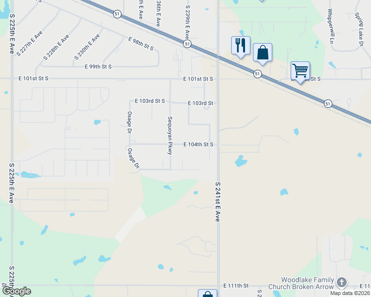 map of restaurants, bars, coffee shops, grocery stores, and more near 23712 East 104th Street in Broken Arrow