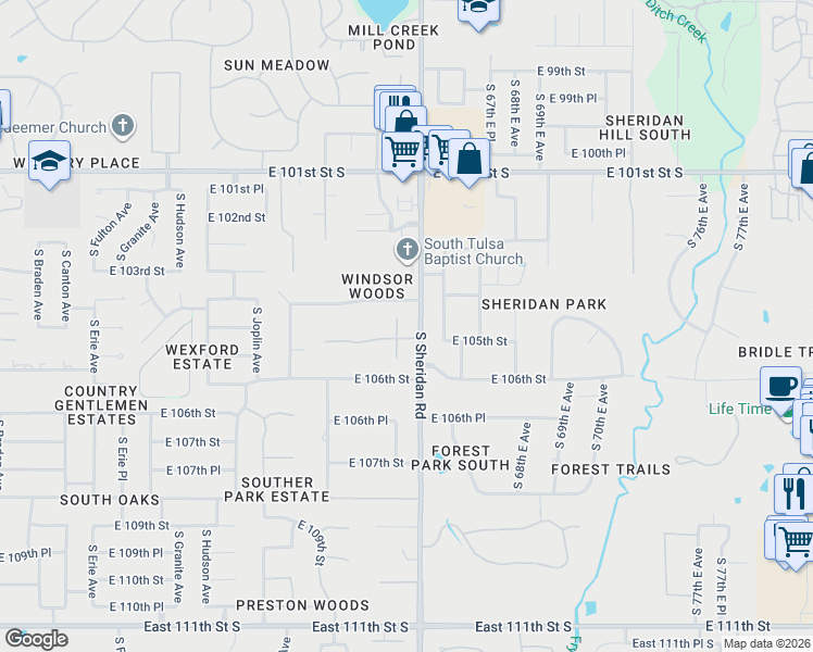 map of restaurants, bars, coffee shops, grocery stores, and more near 6308 East 105th Street in Tulsa