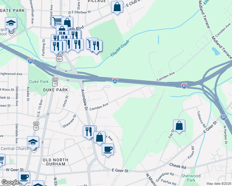 map of restaurants, bars, coffee shops, grocery stores, and more near 1103 Camden Avenue in Durham