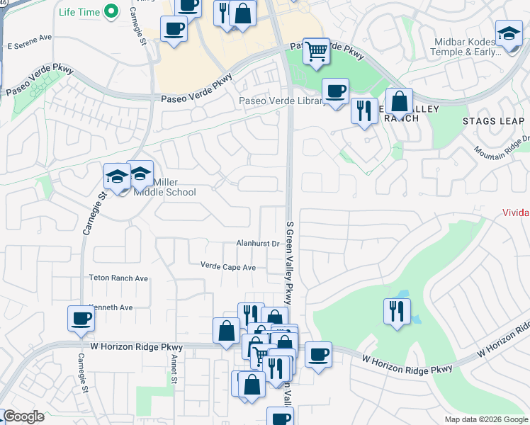 map of restaurants, bars, coffee shops, grocery stores, and more near 470 Mission Springs Street in Henderson