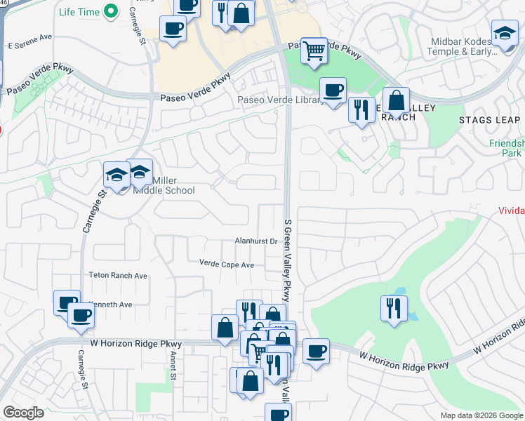 map of restaurants, bars, coffee shops, grocery stores, and more near 470 Mission Springs Street in Henderson