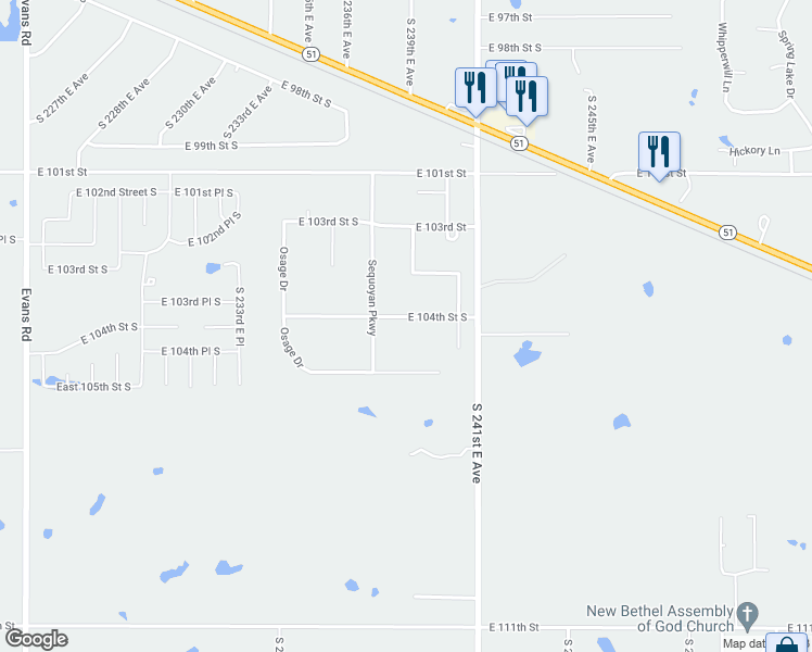 map of restaurants, bars, coffee shops, grocery stores, and more near 23712 East 104th Street in Broken Arrow