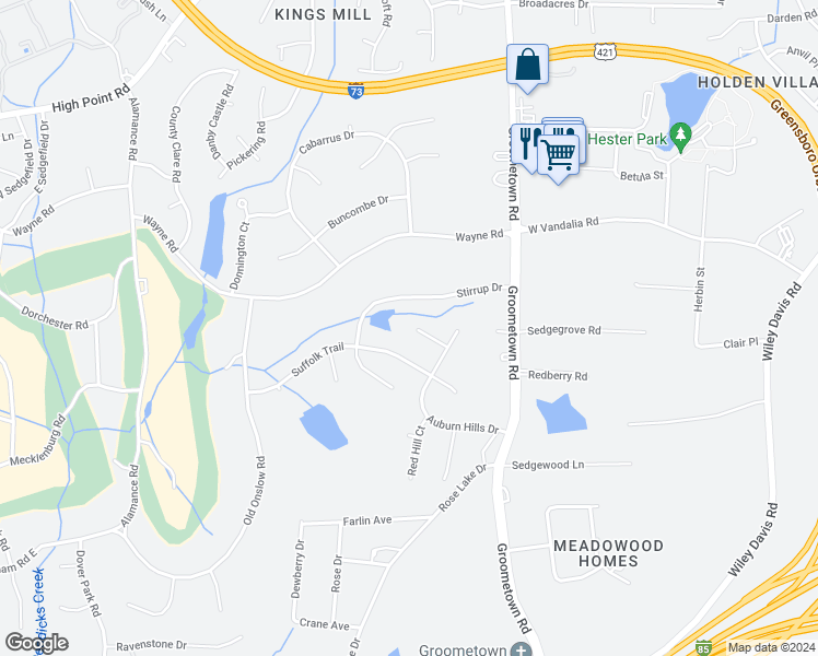 map of restaurants, bars, coffee shops, grocery stores, and more near 4212 Berwyn Court in Greensboro