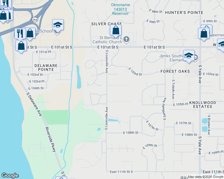 map of restaurants, bars, coffee shops, grocery stores, and more near 3605 East 104th Place in Tulsa
