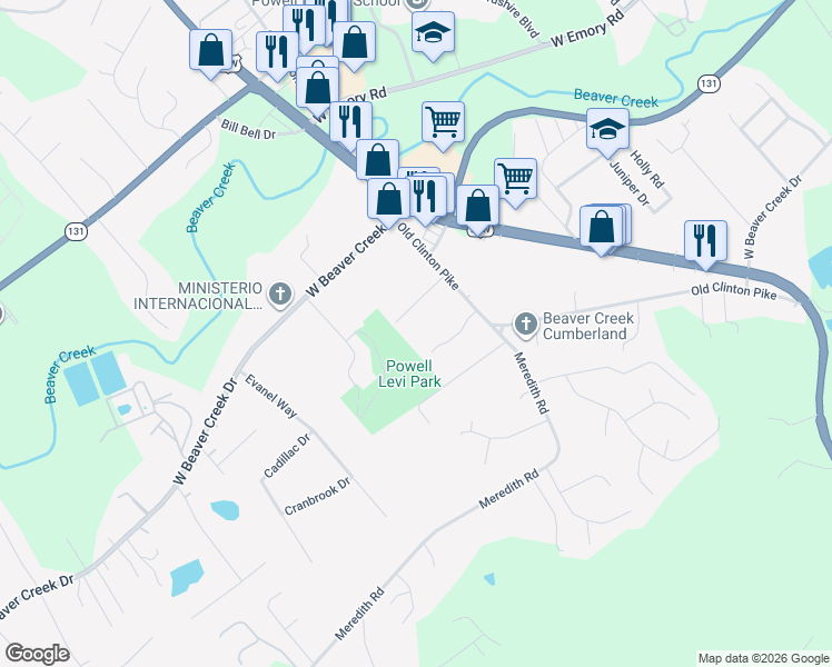 map of restaurants, bars, coffee shops, grocery stores, and more near 3571 Pebblebrook Way in Knoxville