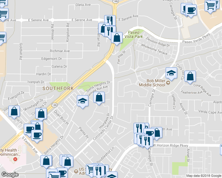 map of restaurants, bars, coffee shops, grocery stores, and more near 2637 Gatsby Street in Henderson