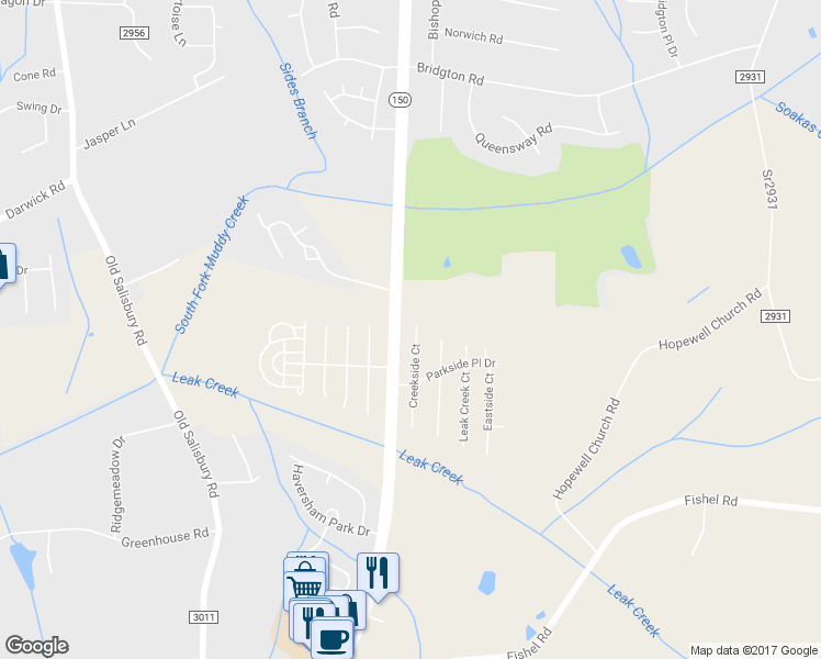map of restaurants, bars, coffee shops, grocery stores, and more near 3912 Creekside Court in Winston-Salem