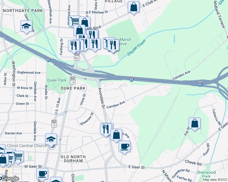 map of restaurants, bars, coffee shops, grocery stores, and more near 819 Nancy Street in Durham