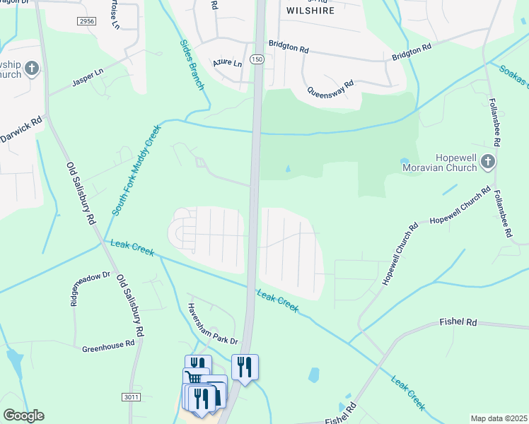 map of restaurants, bars, coffee shops, grocery stores, and more near 3912 Creekside Court in Winston-Salem